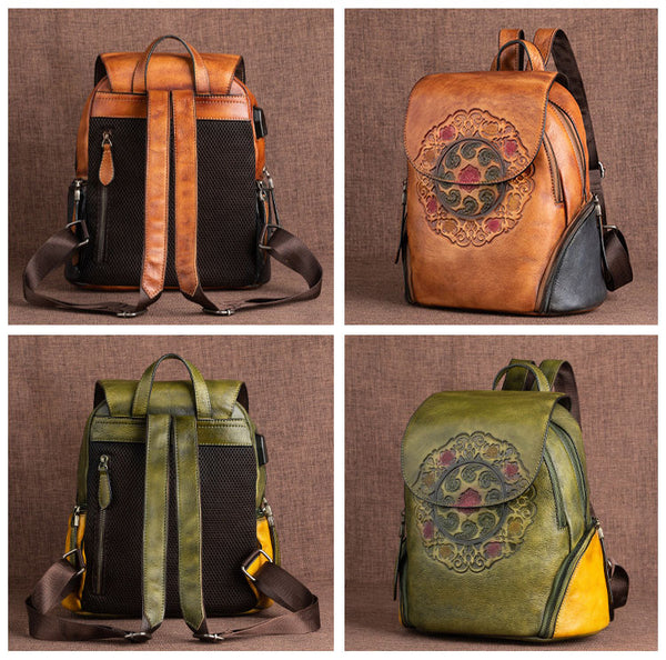 Cool Ladies Embossed leather Backpack Purse With Built In Universal USB Port For Women Cool