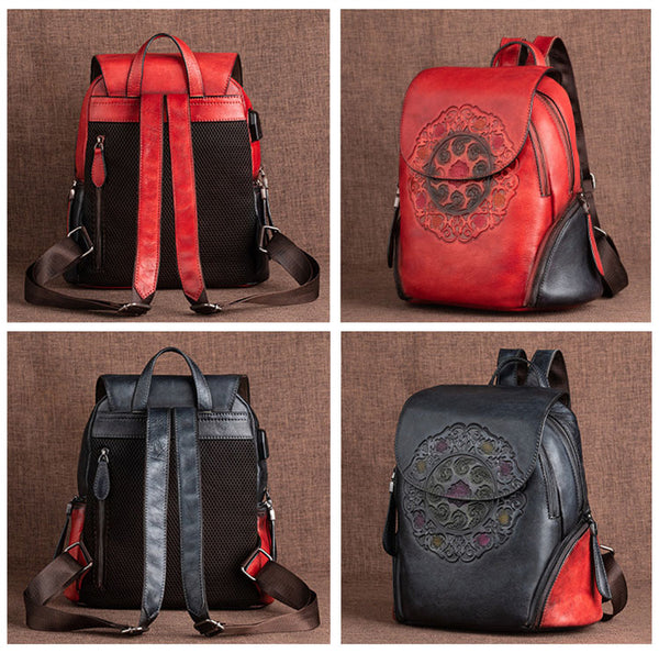 Cool Ladies Embossed leather Backpack Purse With Built In Universal USB Port For Women Cowhide