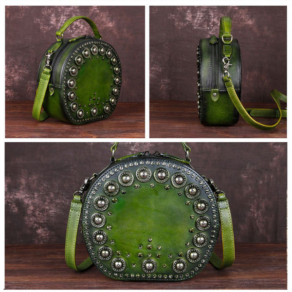 Cool Ladies Rivets Leather Circle Bag Crossbody Purse For Women Cool