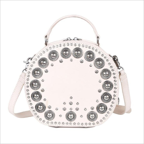 Cool Ladies Rivets Leather Circle Bag Crossbody Purse For Women Designer