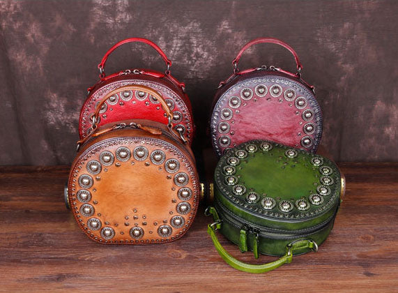Cool Ladies Rivets Leather Circle Bag Crossbody Purse For Women Fashion