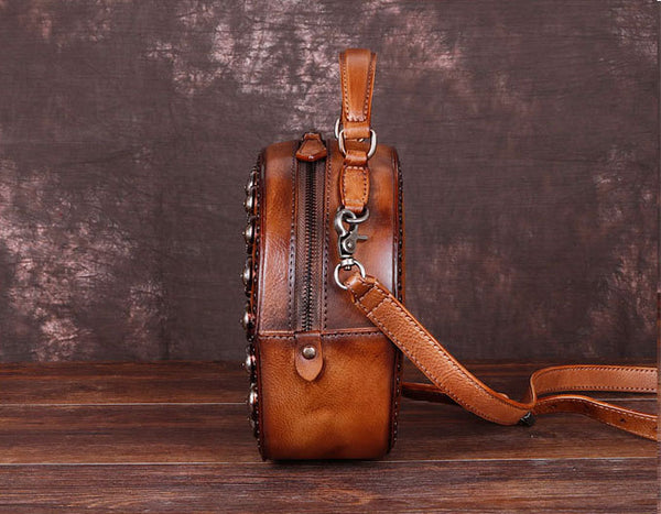 Cool Ladies Rivets Leather Circle Bag Crossbody Purse For Women