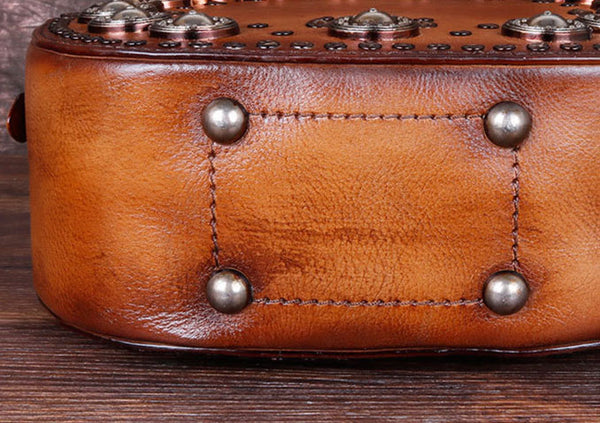 Cool Ladies Rivets Leather Circle Bag Crossbody Purse For Women Vintage
