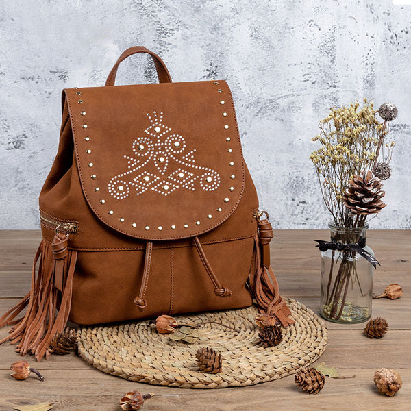 Cool Ladies Western Brown Vegan Leather Fringe Backpack Purse For Women Brown