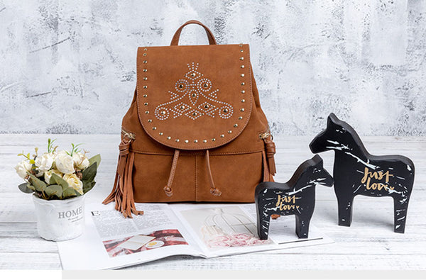 Cool Ladies Western Brown Vegan Leather Fringe Backpack Purse For Women Chic