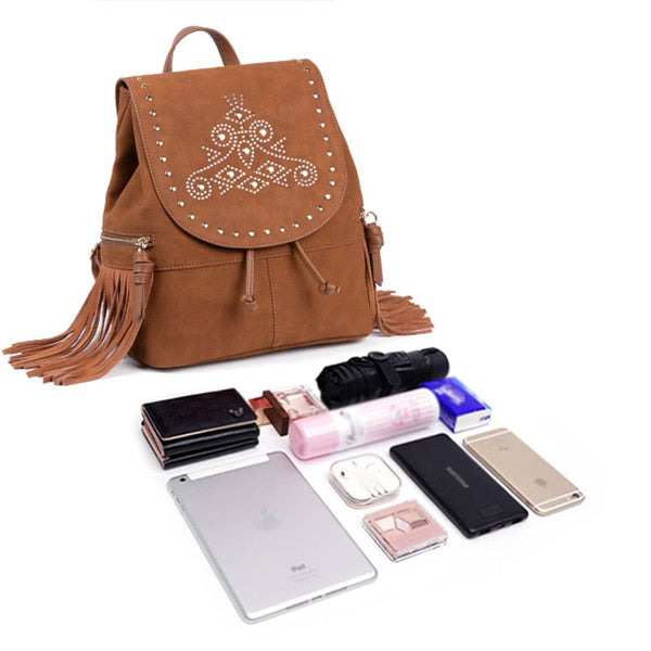 Cool Ladies Western Brown Vegan Leather Fringe Backpack Purse For Women Cool