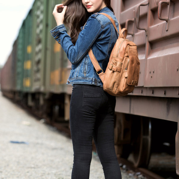 Cool Womens Brown Genuine Leather Backpack Purse Small Rucksack Bags For Women Durable