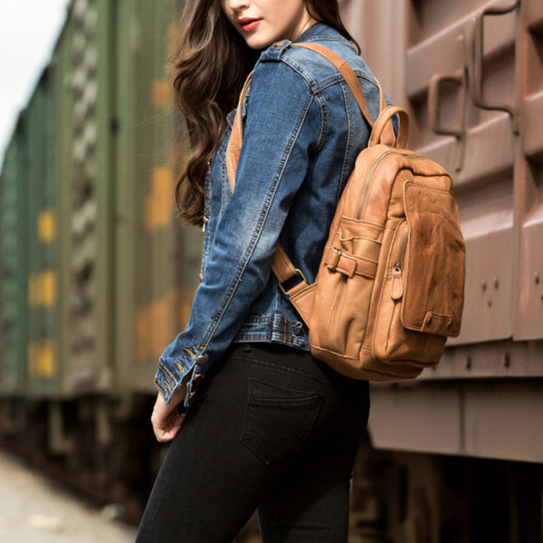 Cool Womens Brown Genuine Leather Backpack Purse Small Rucksack Bags For Women Funky