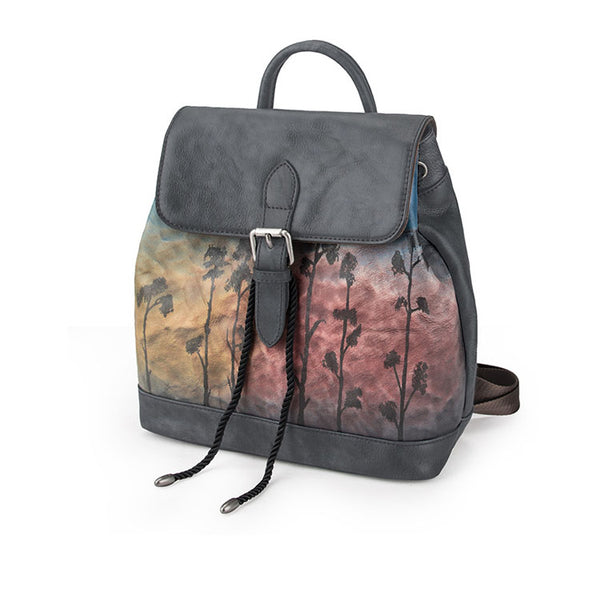 Ladies Square Leather Flap Backpack Purse Drawstring Backpacks for Women
