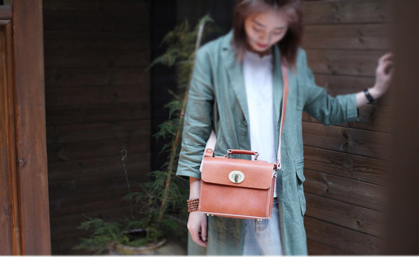 Cube Bag Womens Brown Leather Satchel Bag Handbags Crossbody Bags Handmade