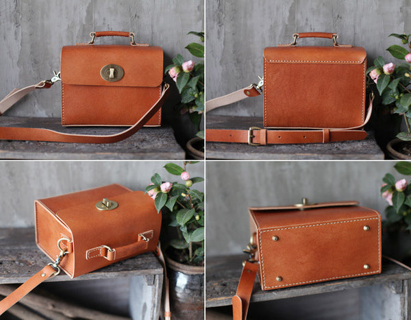 Cube Bag Womens Brown Leather Satchel Bag Handbags Crossbody Bags Vintage