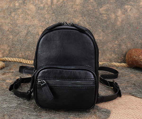 Cute Brown Leather Womens Backpack Mini Rucksack For Women Black