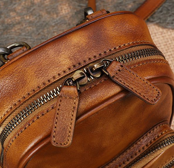 Cute Brown Leather Womens Backpack Mini Rucksack For Women Funky