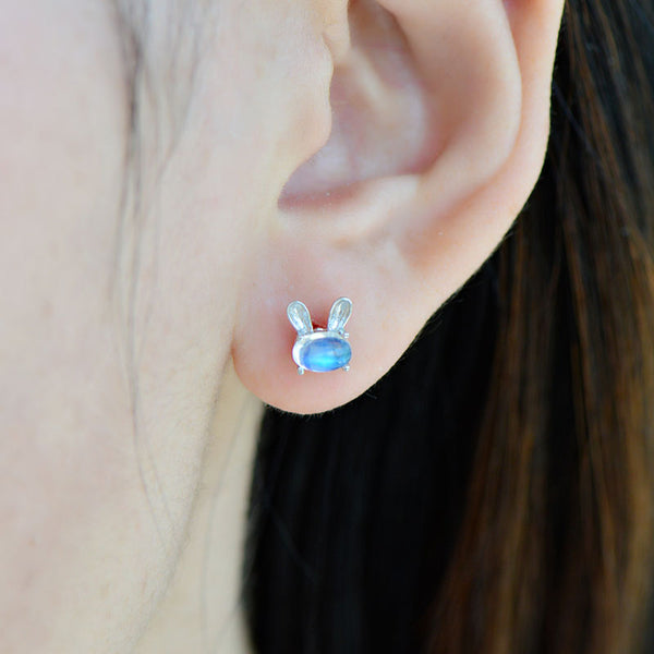 Cute Bunny Sterling Silver Moonstone Stud Earrings June Birthstone Stud Earrings For Women Beautiful