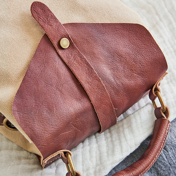 Cute Canvas and Leather Rucksack Backpack Shoulder Handbags for Women Genuine-Leather