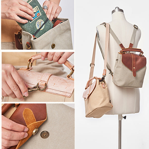 Cute Canvas and Leather Rucksack Backpack Shoulder Handbags for Women Gift