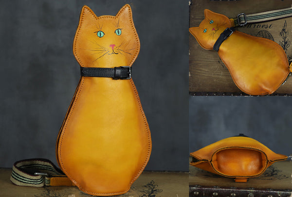 Cute Cat Shaped Chest Sling Bag Cross Shoulder Bag For Women Cowhide