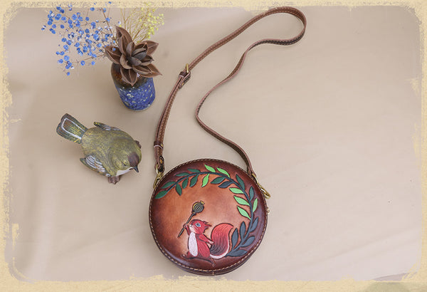 Cute Embossed Leather Circle Bag Hand Painted Side Bags For Women Cowhide