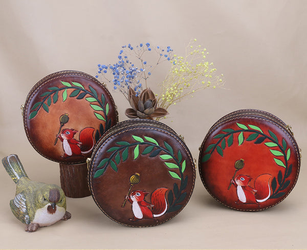 Cute Embossed Leather Circle Bag Hand Painted Side Bags For Women Cute