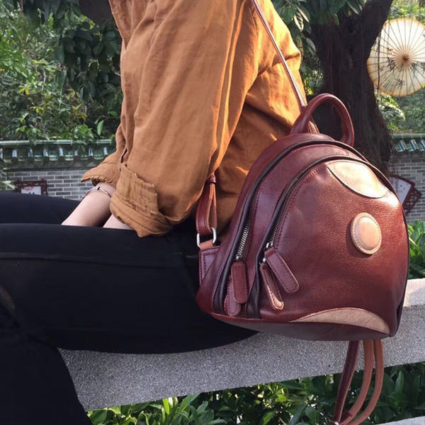 Cute Ladies Genuine Leather Backpack Purse Small Leather Rucksack for Women