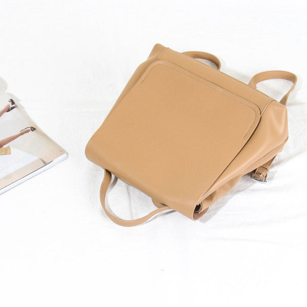 Cute Ladies Leather Flap Backpack Bag Purse Small Rucksack  for Women Brown