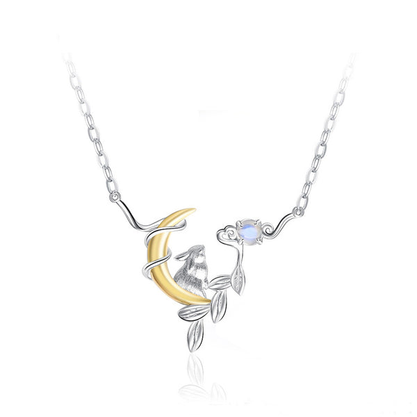 Cute Ladies Sterling Silver Bunny Moonstone Pendant Necklace June Birthstone for Women