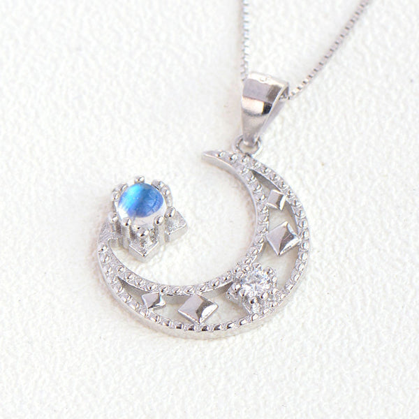 Cute Moonstone Pendant Necklace in White Gold Plated Sterling Silver Jewelry Women