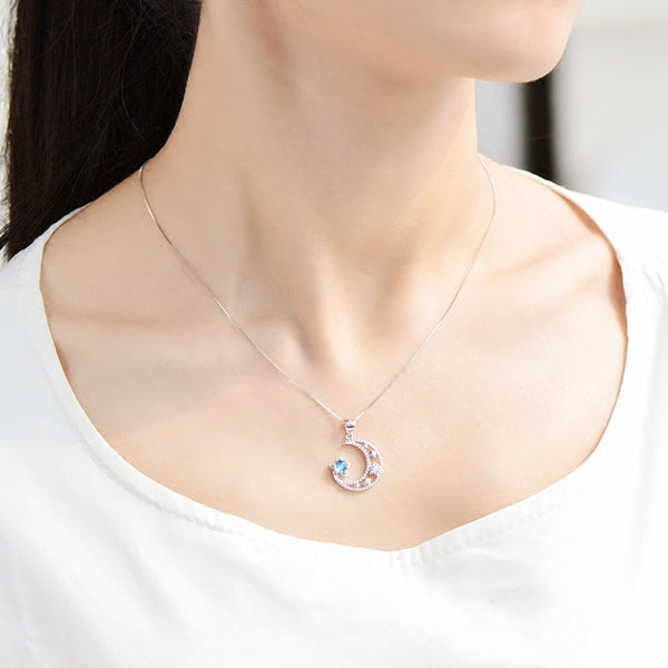Cute Moonstone Pendant Necklace in White Gold Plated Sterling Silver Jewelry Women