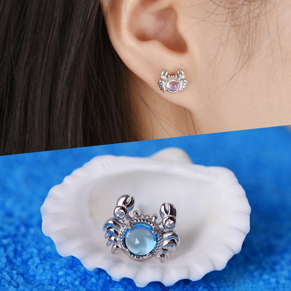 Cute Ocean Crab Shaped Silver Blue Moonstone Stud  Earrings June Birthstone Jewelry for Women Details