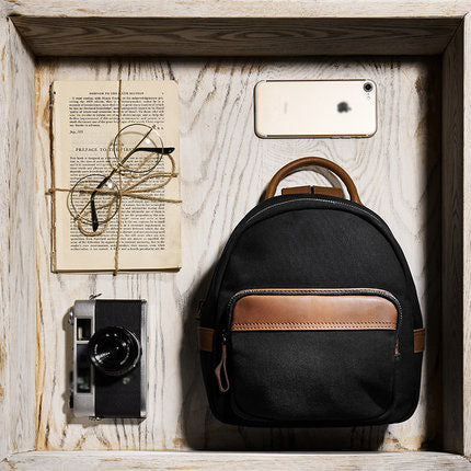 Cute Small Canvas and Brown Leather Rucksack Backpack Purse for Women Affordable