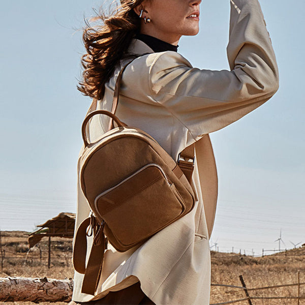 Cute Small Canvas and Brown Leather Rucksack Backpack Purse for Women