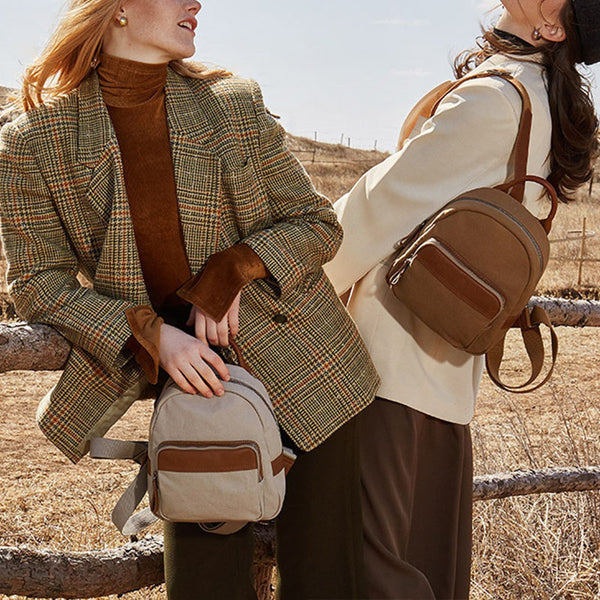 Cute Small Canvas and Brown Leather Rucksack Backpack Purse for Women Chic