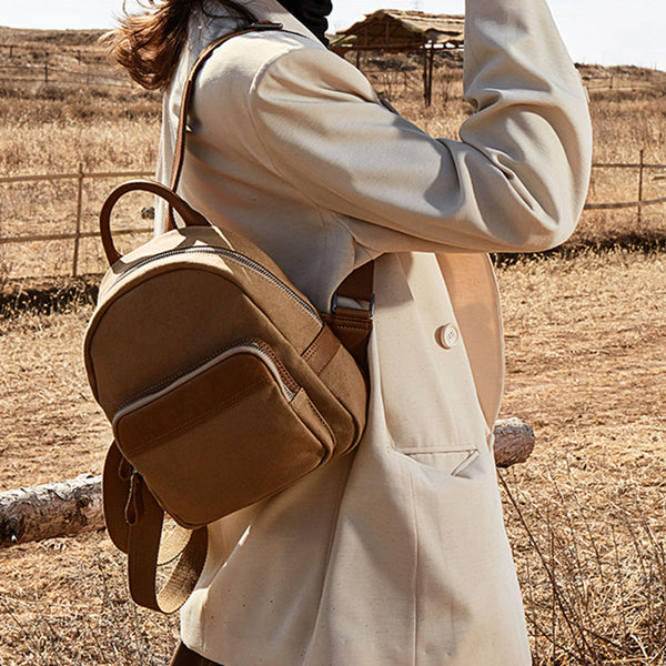 Cute Small Canvas and Brown Leather Rucksack Backpack Purse for Women Cool
