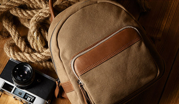 Cute Small Canvas and Brown Leather Rucksack Backpack Purse for Women Cute