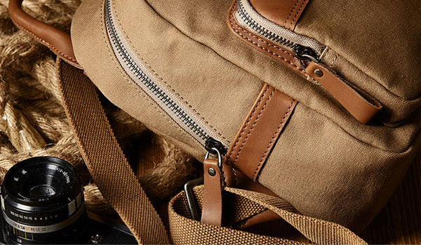 Cute Small Canvas and Brown Leather Rucksack Backpack Purse for Women Durable