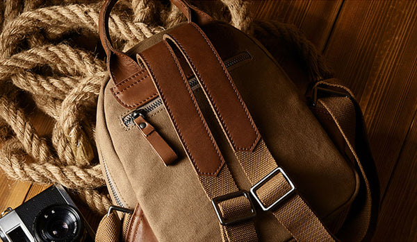 Cute Small Canvas and Brown Leather Rucksack Backpack Purse for Women Handmade