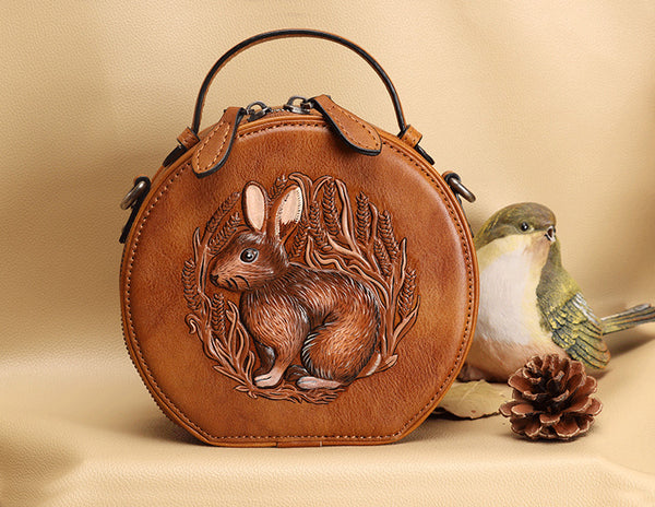 Cute Women's Embossed Genuine Leather Circle Crossbody Bag Handbags For Women Brown