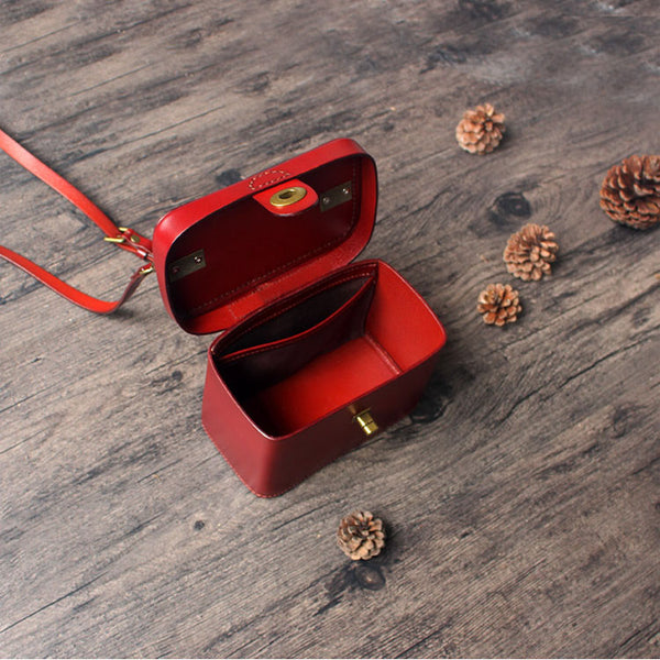 Cute Women's Square Genuine Leather Handbags Crossbody Sling Bag For Women Brown