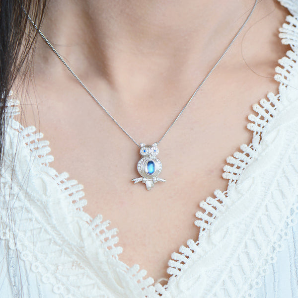 Cute Womens Blue Moonstone Silver Owl Pendant Necklace Affordable
