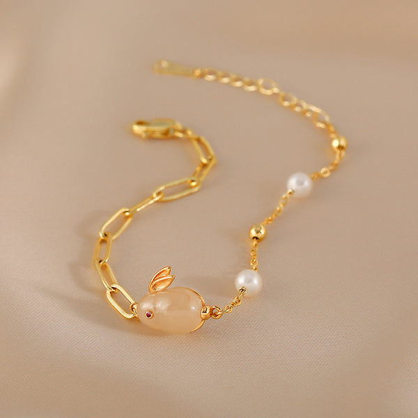 Cute Womens Bunny Shaped Jade Bracelet Real Pearl Bracelet Gold Plated