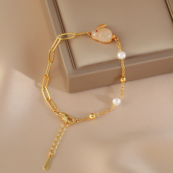Cute Womens Bunny Shaped Jade Bracelet Real Pearl Bracelet Gold Plated Beautiful