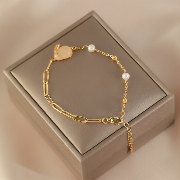Cute Womens Bunny Shaped Jade Bracelet Real Pearl Bracelet Gold Plated Designer