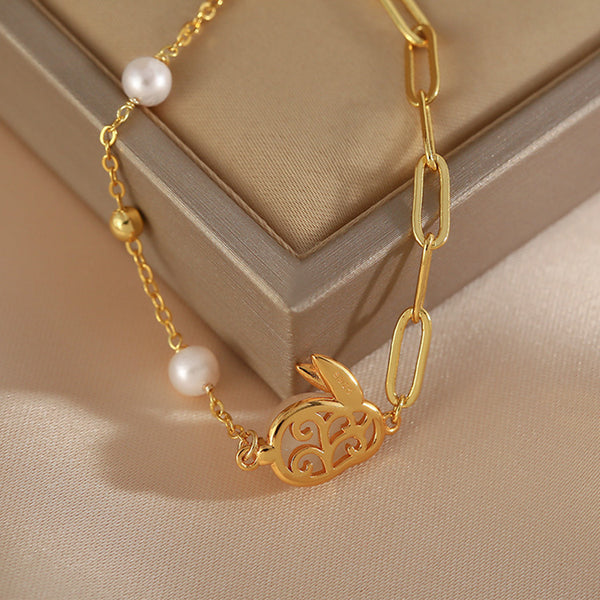 Cute Womens Bunny Shaped Jade Bracelet Real Pearl Bracelet Gold Plated Fashion