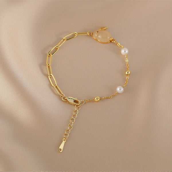 Cute Womens Bunny Shaped Jade Bracelet Real Pearl Bracelet Gold Plated Nice