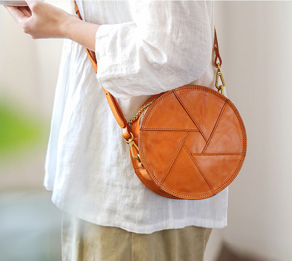 Cute Womens Leather Circle Bag Brown Leather Crossbody Bag With Chain Handle Badass