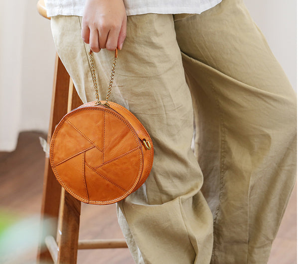 Cute Womens Leather Circle Bag Brown Leather Crossbody Bag With Chain Handle Beautiful