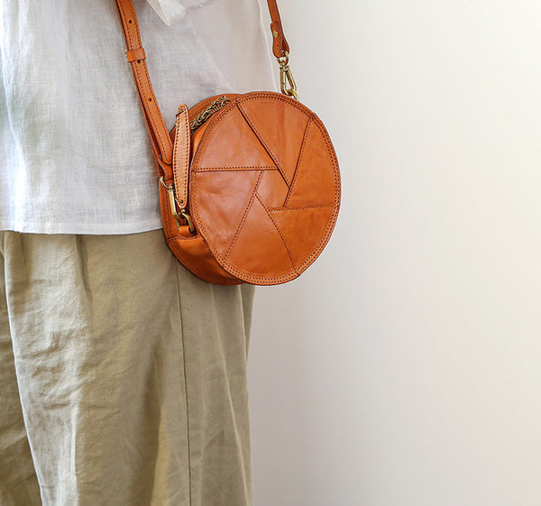 Cute Womens Leather Circle Bag Brown Leather Crossbody Bag With Chain Handle Best