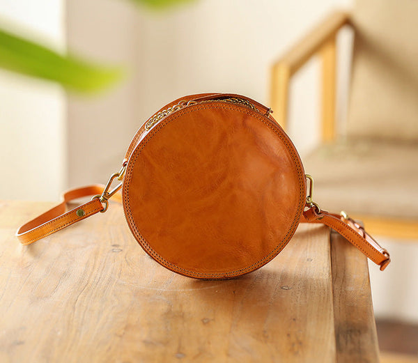 Cute Womens Leather Circle Bag Brown Leather Crossbody Bag With Chain Handle Brown
