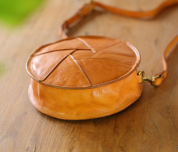 Cute Womens Leather Circle Bag Brown Leather Crossbody Bag With Chain Handle Casual