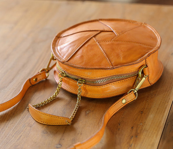 Cute Womens Leather Circle Bag Brown Leather Crossbody Bag With Chain Handle Cool